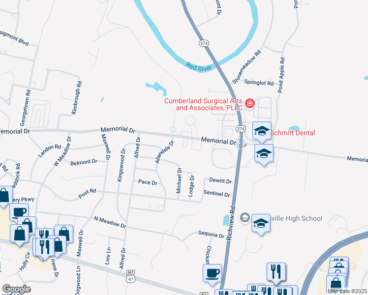 map of restaurants, bars, coffee shops, grocery stores, and more near 308 Kingswood Court in Clarksville
