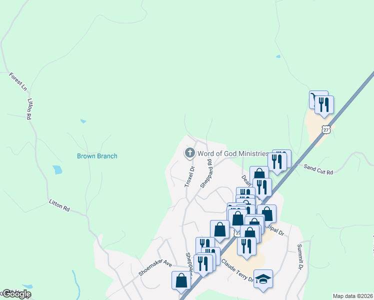map of restaurants, bars, coffee shops, grocery stores, and more near 317 Troxel Drive in Oneida