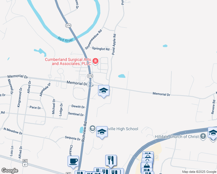 map of restaurants, bars, coffee shops, grocery stores, and more near 2350 Memorial Drive in Clarksville