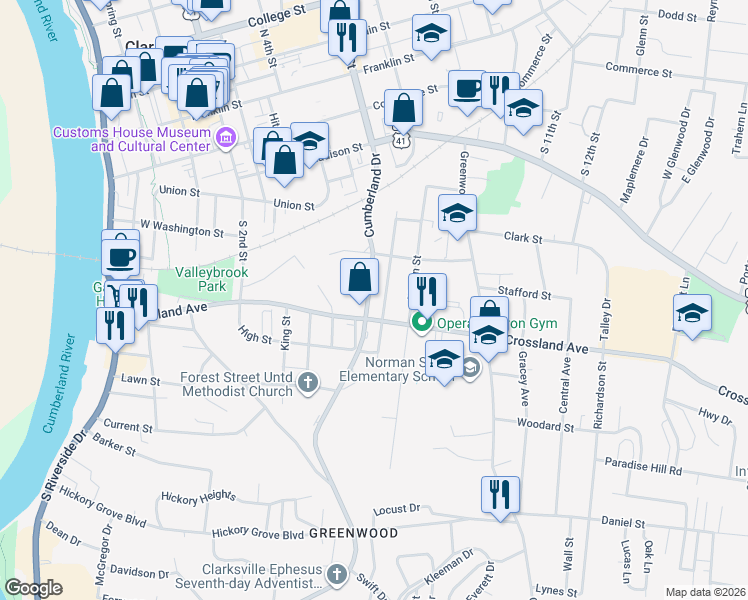 map of restaurants, bars, coffee shops, grocery stores, and more near 722 Cumberland Drive in Clarksville