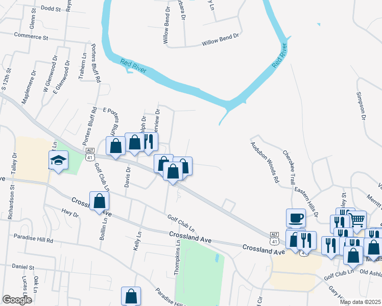 map of restaurants, bars, coffee shops, grocery stores, and more near 137 Delmar Drive in Clarksville