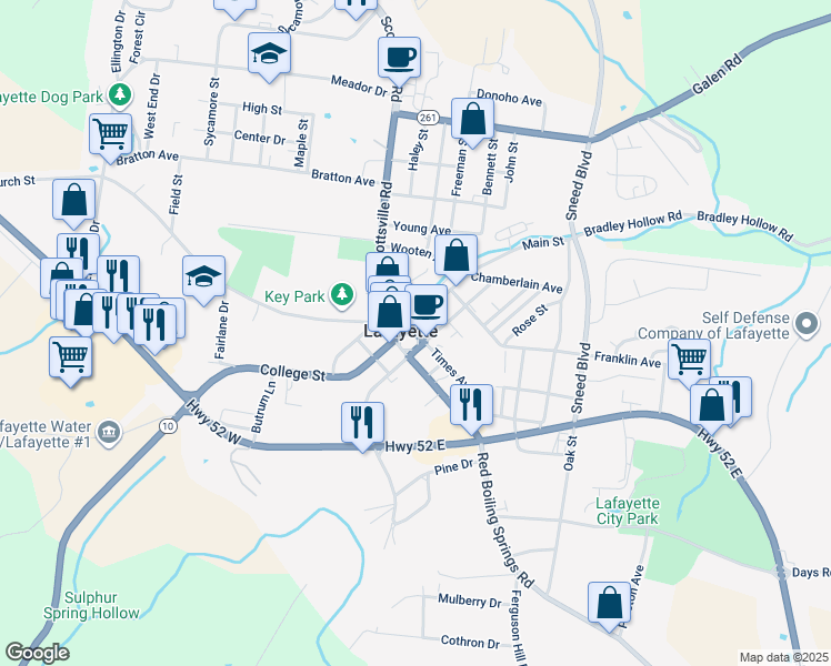 map of restaurants, bars, coffee shops, grocery stores, and more near Public Square in Lafayette