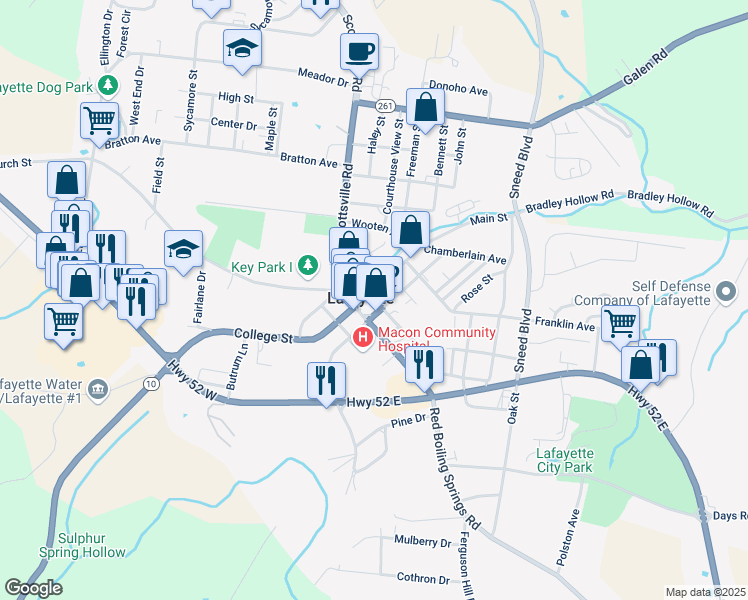 map of restaurants, bars, coffee shops, grocery stores, and more near Public Square in Lafayette