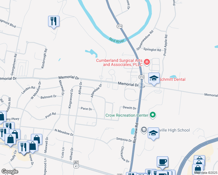 map of restaurants, bars, coffee shops, grocery stores, and more near 308 Kingswood Court in Clarksville