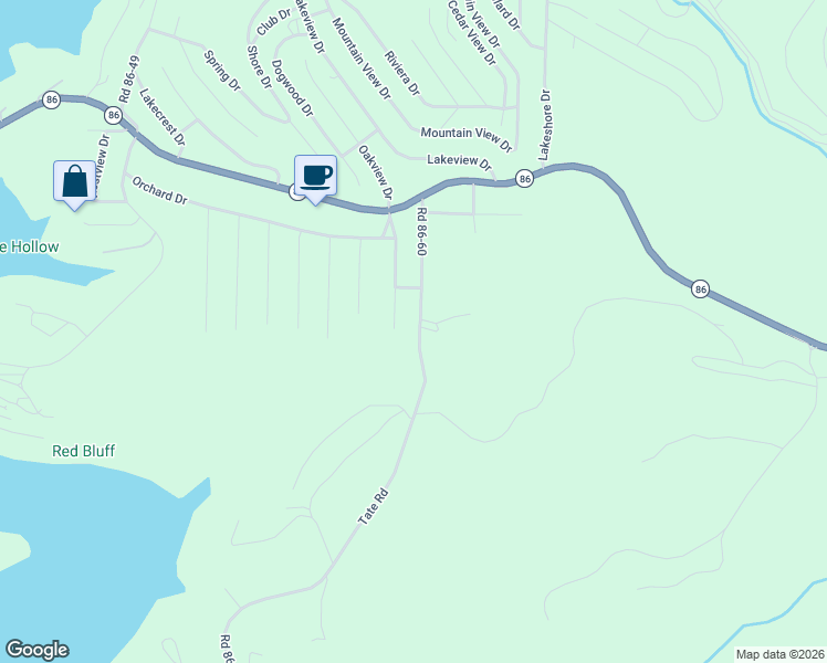map of restaurants, bars, coffee shops, grocery stores, and more near 501 Road 86-60 in Ridgedale