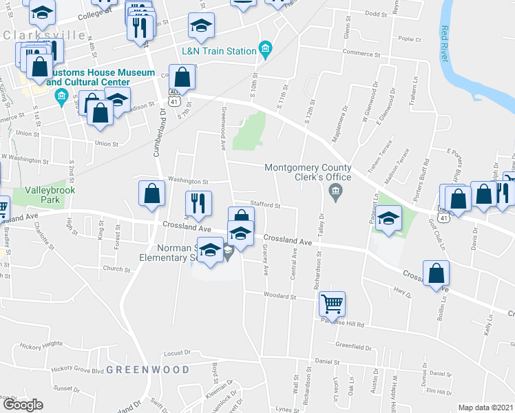 map of restaurants, bars, coffee shops, grocery stores, and more near 830 Stafford Street in Clarksville