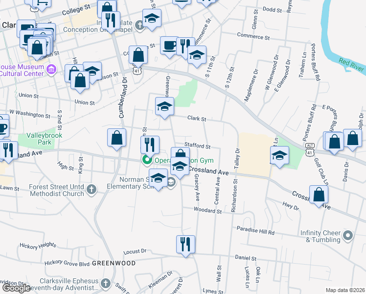 map of restaurants, bars, coffee shops, grocery stores, and more near 625 Greenwood Avenue in Clarksville