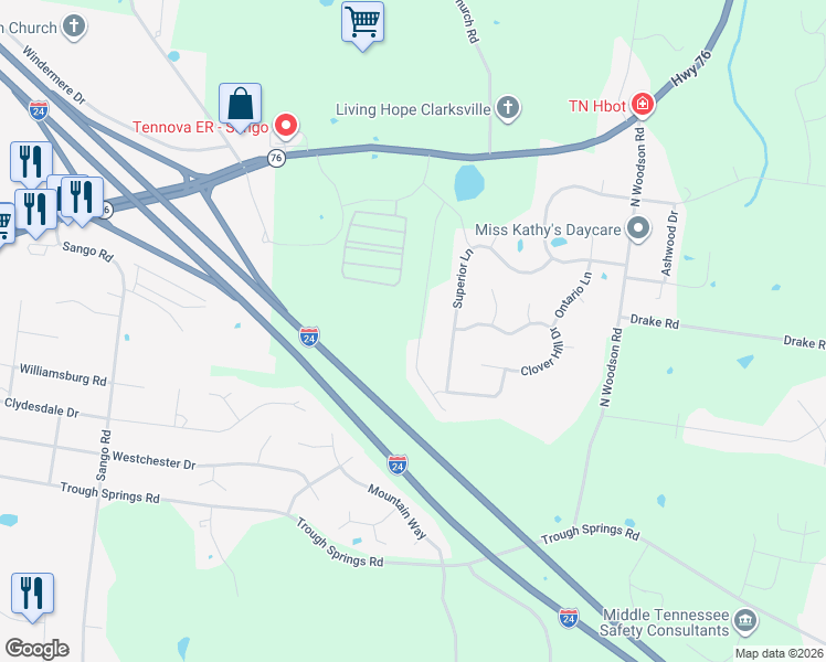 map of restaurants, bars, coffee shops, grocery stores, and more near 748 Lillian Grace Drive in Clarksville
