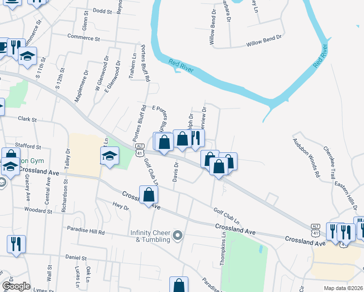 map of restaurants, bars, coffee shops, grocery stores, and more near 108 Rudolph Drive in Clarksville