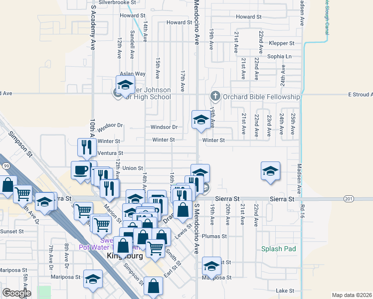 map of restaurants, bars, coffee shops, grocery stores, and more near 2321 18th Avenue in Kingsburg