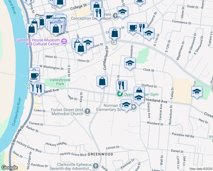 map of restaurants, bars, coffee shops, grocery stores, and more near 606 Cumberland Drive in Clarksville