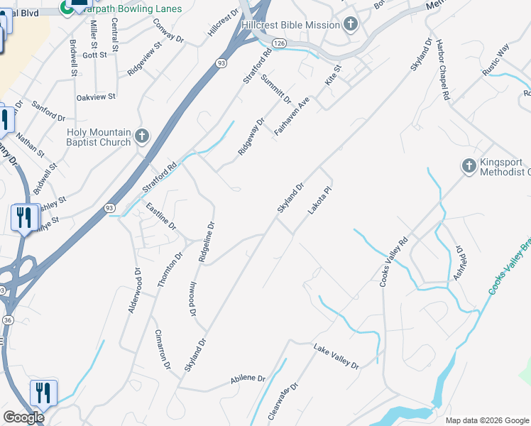 map of restaurants, bars, coffee shops, grocery stores, and more near 4008 Skyland Drive in Kingsport