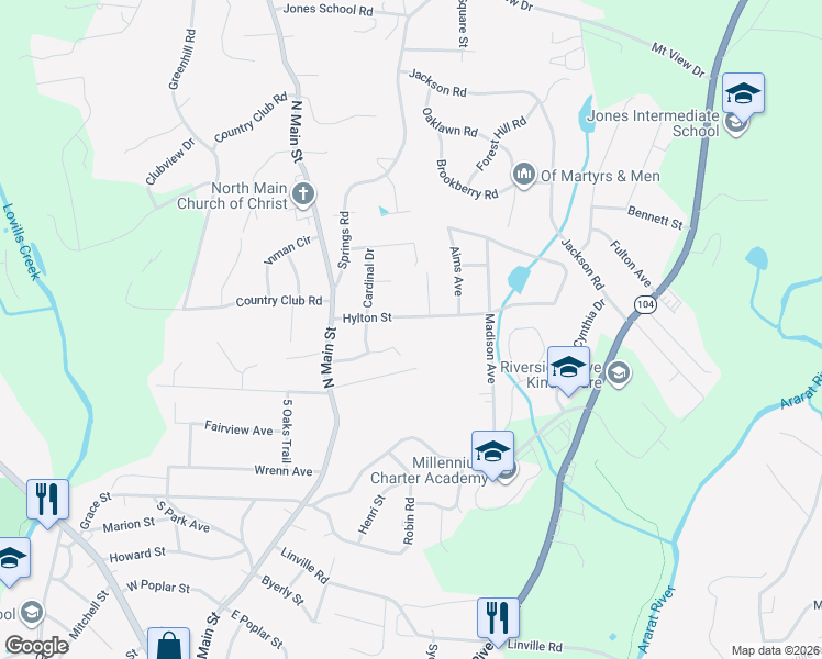 map of restaurants, bars, coffee shops, grocery stores, and more near 221 Hylton Street in Mount Airy