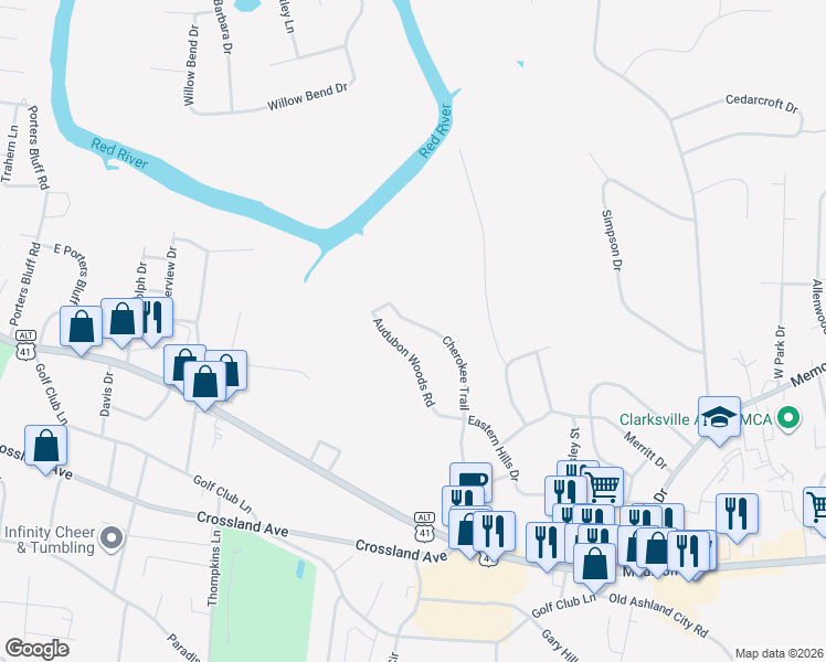 map of restaurants, bars, coffee shops, grocery stores, and more near 229 Cherokee Trail in Clarksville