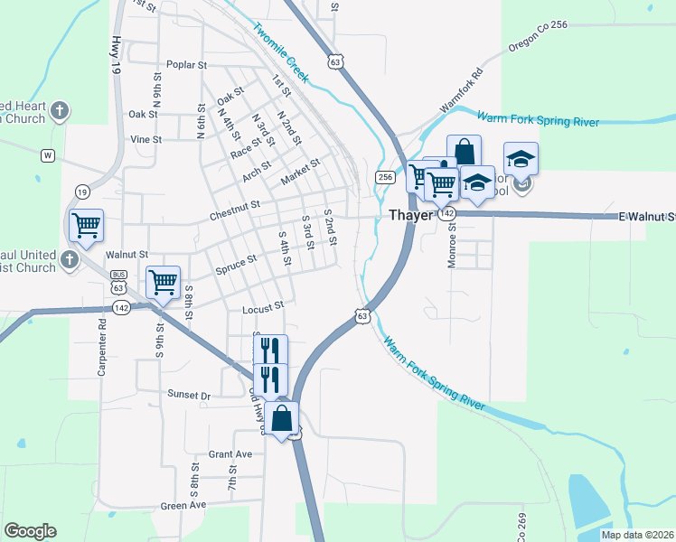 map of restaurants, bars, coffee shops, grocery stores, and more near 300-398 S 2nd St in Thayer