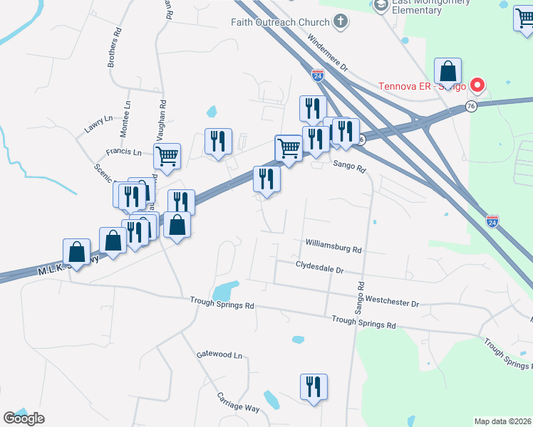 map of restaurants, bars, coffee shops, grocery stores, and more near 550 New South Drive in Clarksville