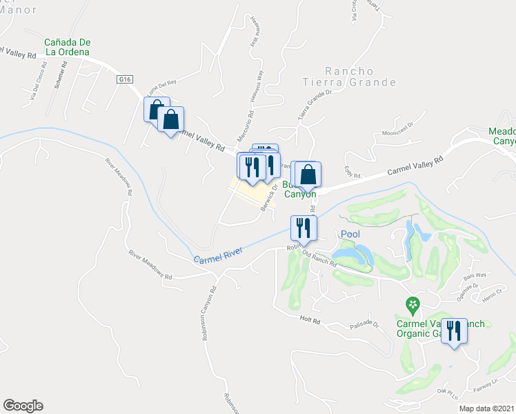 map of restaurants, bars, coffee shops, grocery stores, and more near 207 Mid Valley Center in Carmel-by-the-Sea