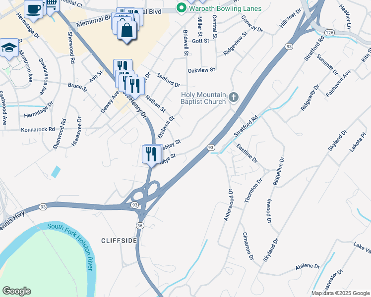 map of restaurants, bars, coffee shops, grocery stores, and more near 2869 Ashley Street in Kingsport