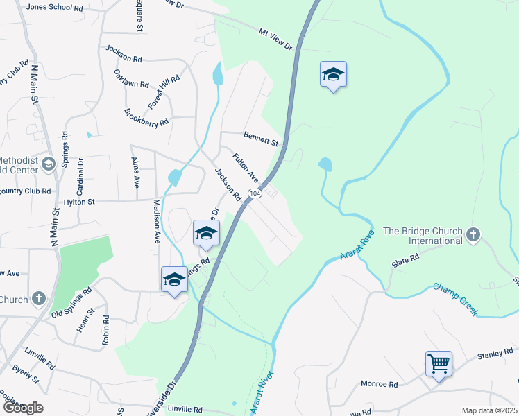 map of restaurants, bars, coffee shops, grocery stores, and more near 2120 Riverside Drive in Mount Airy