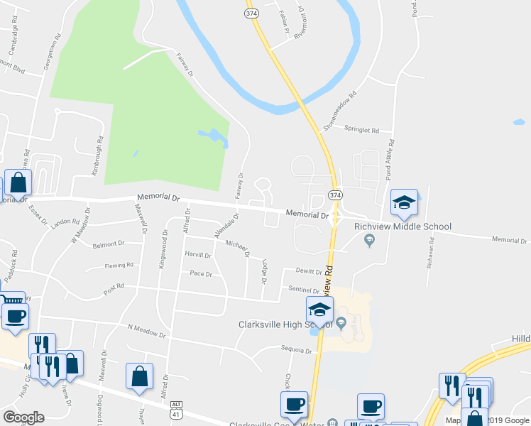 map of restaurants, bars, coffee shops, grocery stores, and more near 308 Kingswood Court in Clarksville