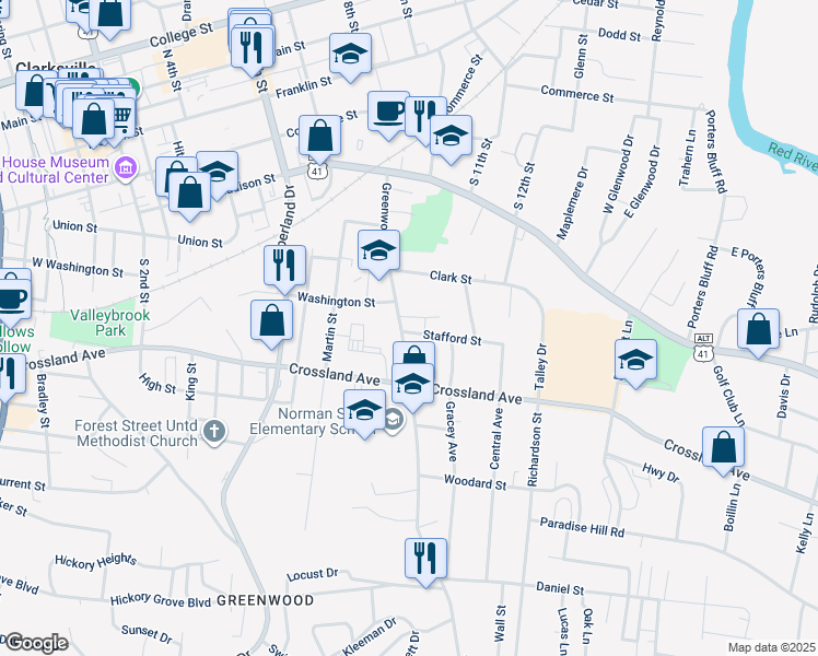 map of restaurants, bars, coffee shops, grocery stores, and more near 540 Greenwood Avenue in Clarksville