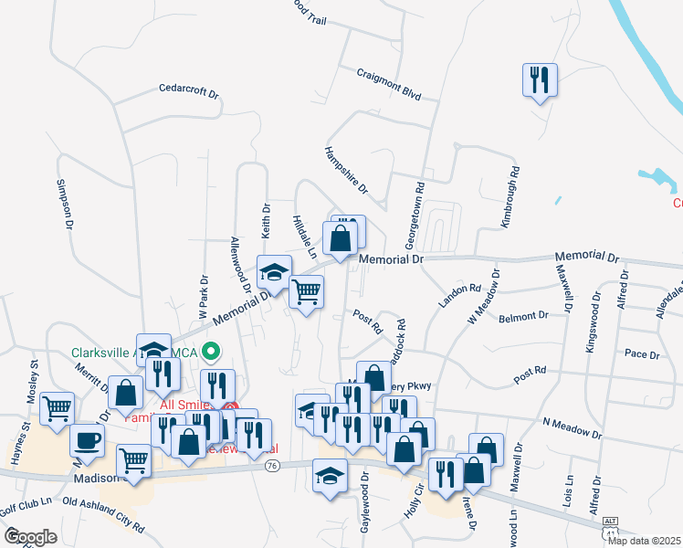 map of restaurants, bars, coffee shops, grocery stores, and more near 248 Clearview Drive in Clarksville