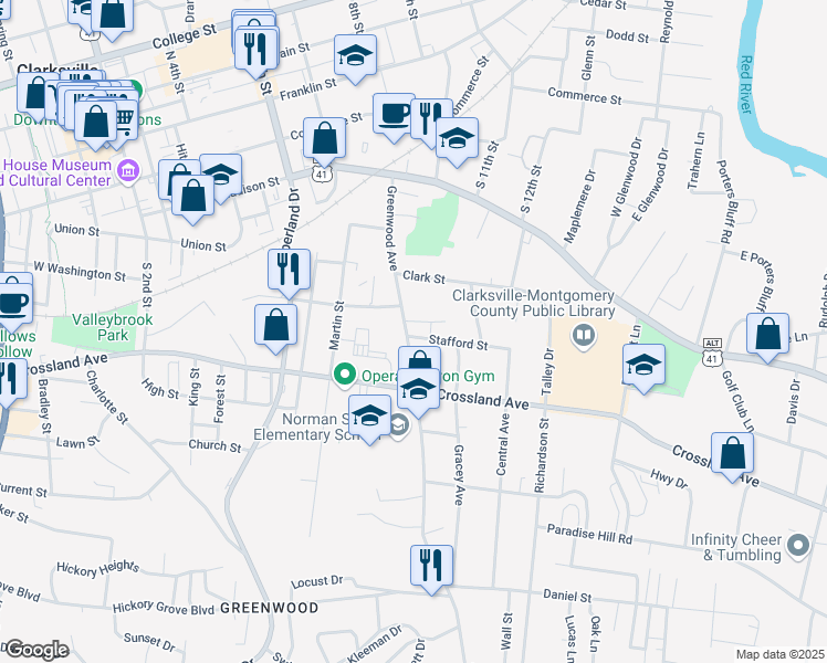 map of restaurants, bars, coffee shops, grocery stores, and more near 811 Stafford Street in Clarksville