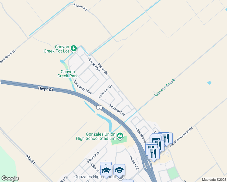 map of restaurants, bars, coffee shops, grocery stores, and more near 1251 Cabernet Drive in Gonzales