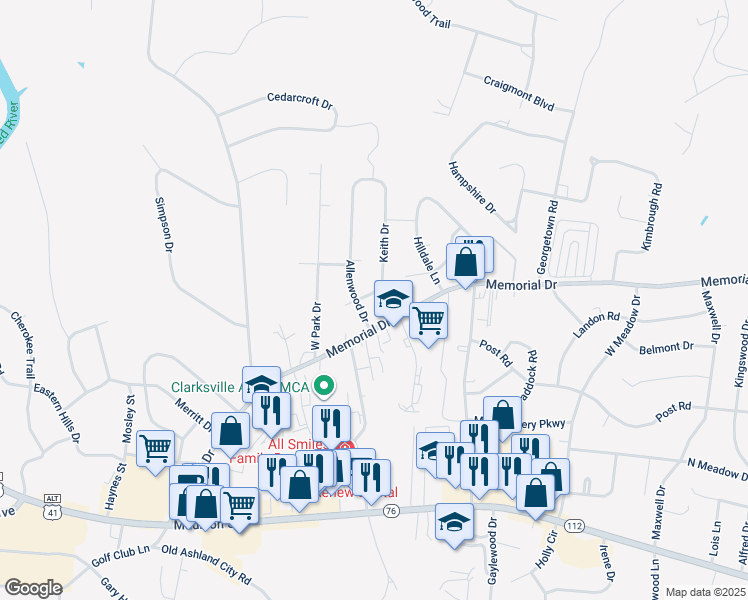 map of restaurants, bars, coffee shops, grocery stores, and more near 107 Keith Drive in Clarksville
