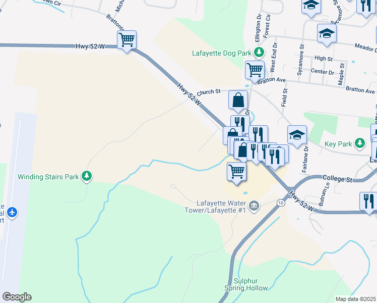 map of restaurants, bars, coffee shops, grocery stores, and more near 503 Highway 52 Bypass West in Lafayette