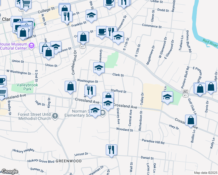 map of restaurants, bars, coffee shops, grocery stores, and more near 954 Greenwood Court in Clarksville