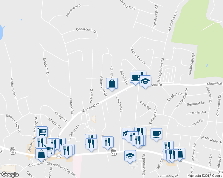 map of restaurants, bars, coffee shops, grocery stores, and more near 113 Keith Drive in Clarksville