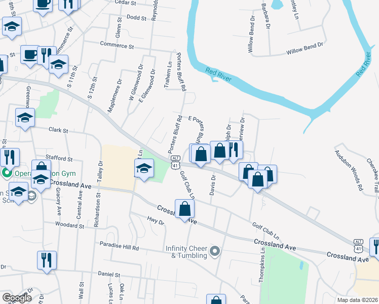 map of restaurants, bars, coffee shops, grocery stores, and more near 276 East Porters Bluff Road in Clarksville