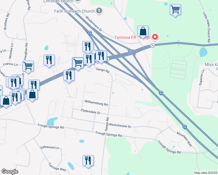 map of restaurants, bars, coffee shops, grocery stores, and more near 3086 Woody Lane in Clarksville