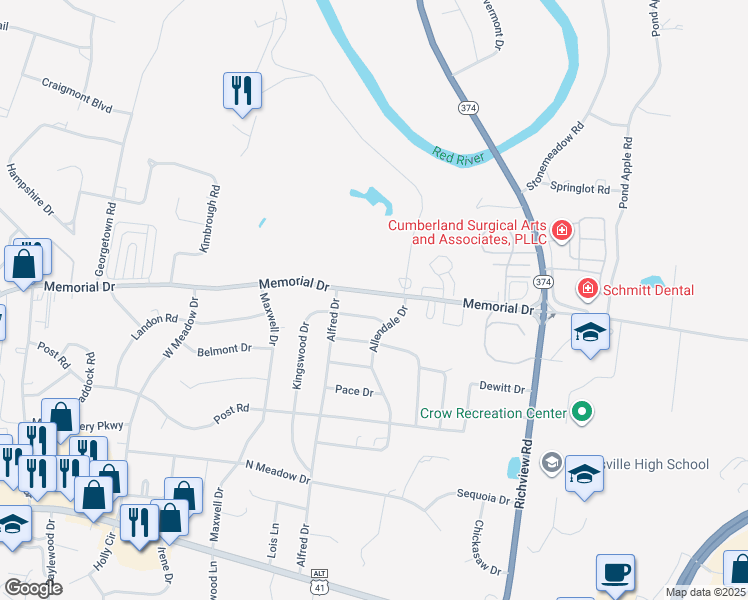 map of restaurants, bars, coffee shops, grocery stores, and more near 2142 Memorial Drive in Clarksville