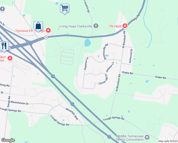 map of restaurants, bars, coffee shops, grocery stores, and more near 3485 Clover Hill Dr in Clarksville
