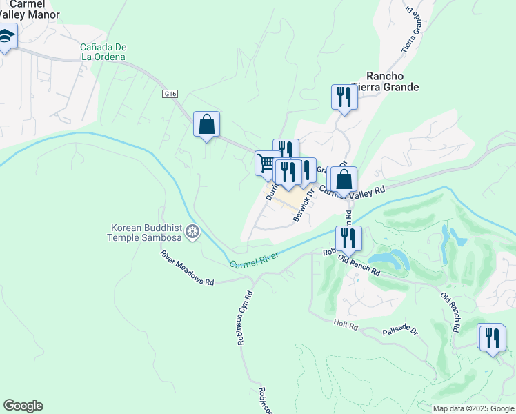 map of restaurants, bars, coffee shops, grocery stores, and more near 27930 Dorris Drive in Carmel-by-the-Sea