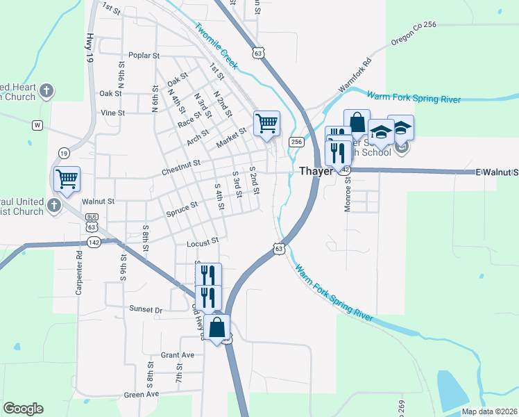 map of restaurants, bars, coffee shops, grocery stores, and more near 398 S 2nd St in Thayer