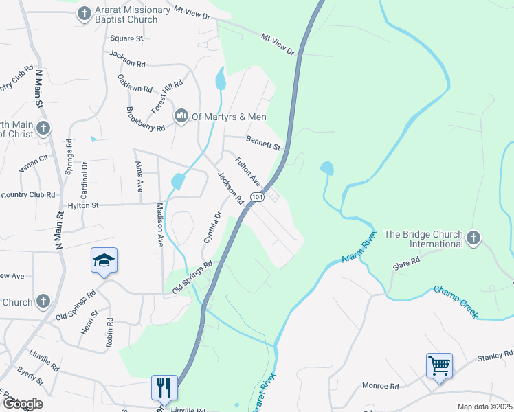 map of restaurants, bars, coffee shops, grocery stores, and more near 499 Jackson Road in Mount Airy