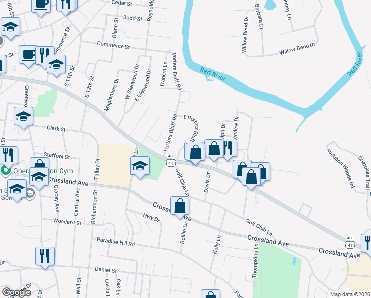 map of restaurants, bars, coffee shops, grocery stores, and more near 276 East Porters Bluff Road in Clarksville