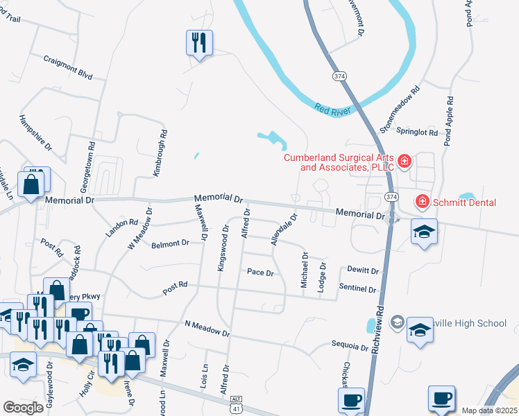 map of restaurants, bars, coffee shops, grocery stores, and more near 2136 Memorial Drive in Clarksville