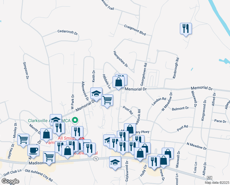 map of restaurants, bars, coffee shops, grocery stores, and more near 1870 Memorial Drive in Clarksville