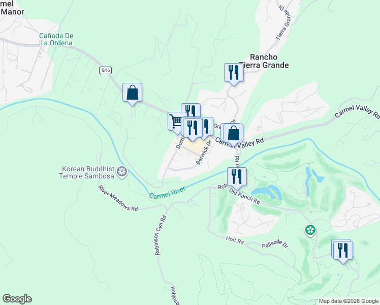 map of restaurants, bars, coffee shops, grocery stores, and more near 104 Mid Valley Center in Carmel-by-the-Sea