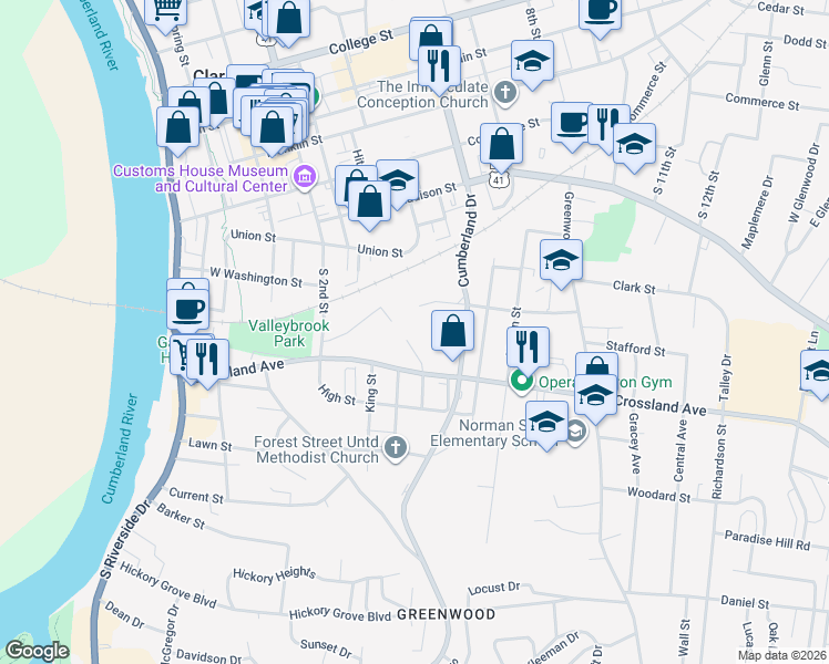 map of restaurants, bars, coffee shops, grocery stores, and more near 672 Shelton Court in Clarksville