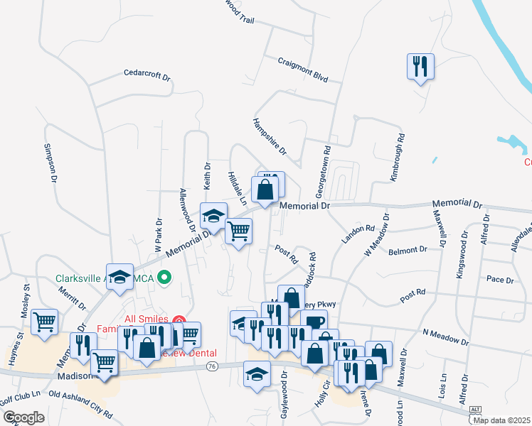 map of restaurants, bars, coffee shops, grocery stores, and more near 1874 Memorial Drive in Clarksville