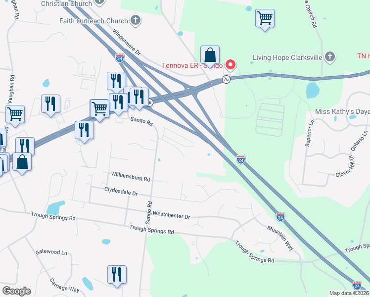 map of restaurants, bars, coffee shops, grocery stores, and more near in Clarksville