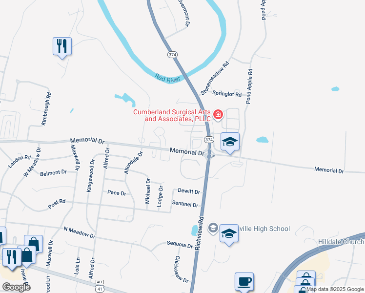 map of restaurants, bars, coffee shops, grocery stores, and more near 2183 Memorial Drive in Clarksville