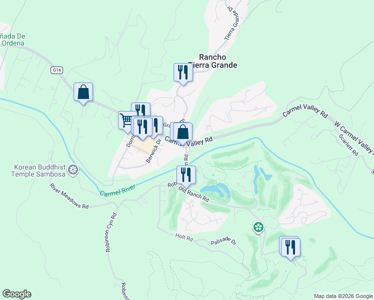 map of restaurants, bars, coffee shops, grocery stores, and more near 27885 Robinson Canyon Road in Carmel-by-the-Sea