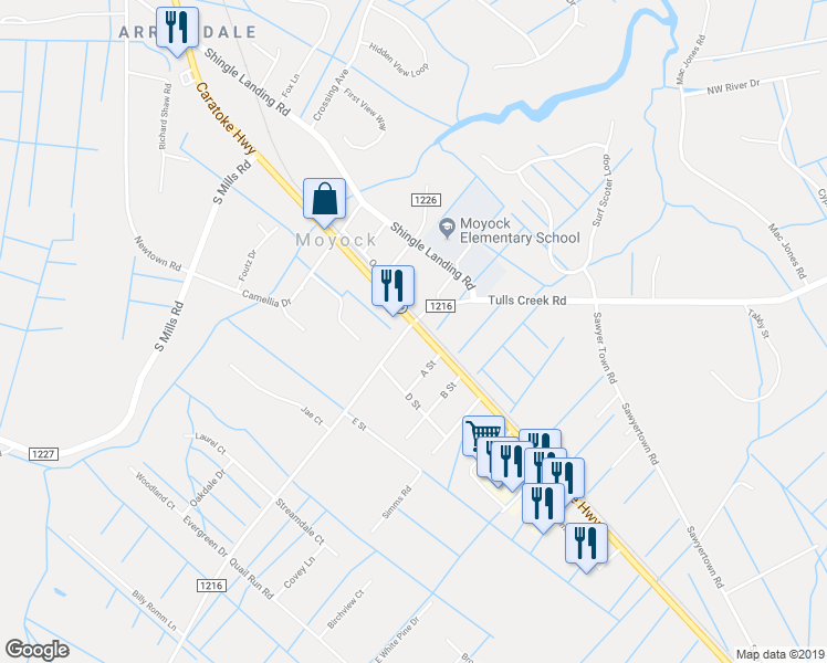 map of restaurants, bars, coffee shops, grocery stores, and more near in Moyock