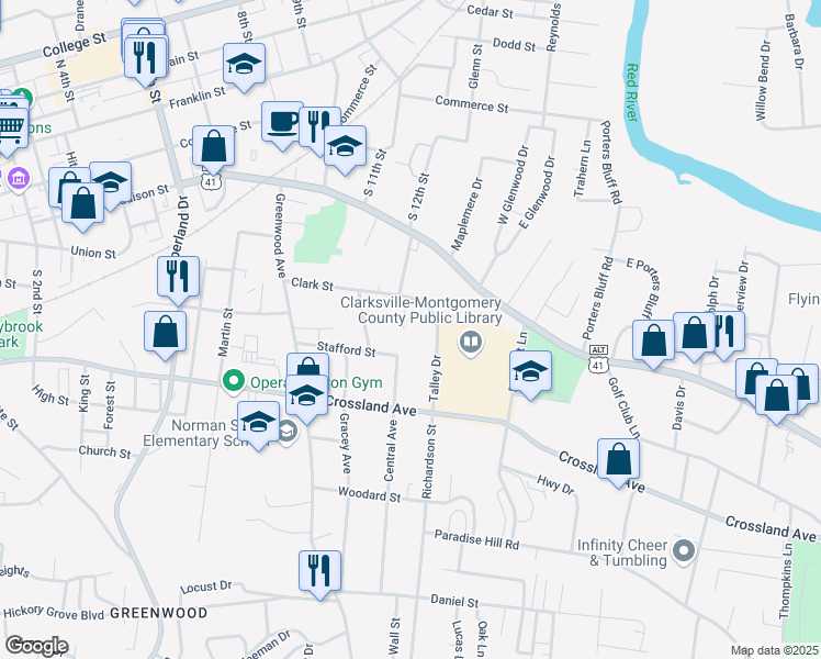 map of restaurants, bars, coffee shops, grocery stores, and more near 507 Baker Street in Clarksville